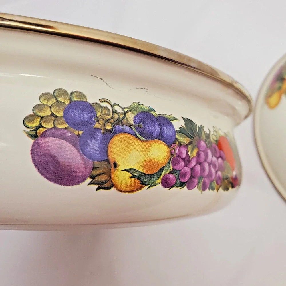 Read Vintage Cornucopia Dutch Oven Enamel Fruit Covered Lid Pot Brass Casserole